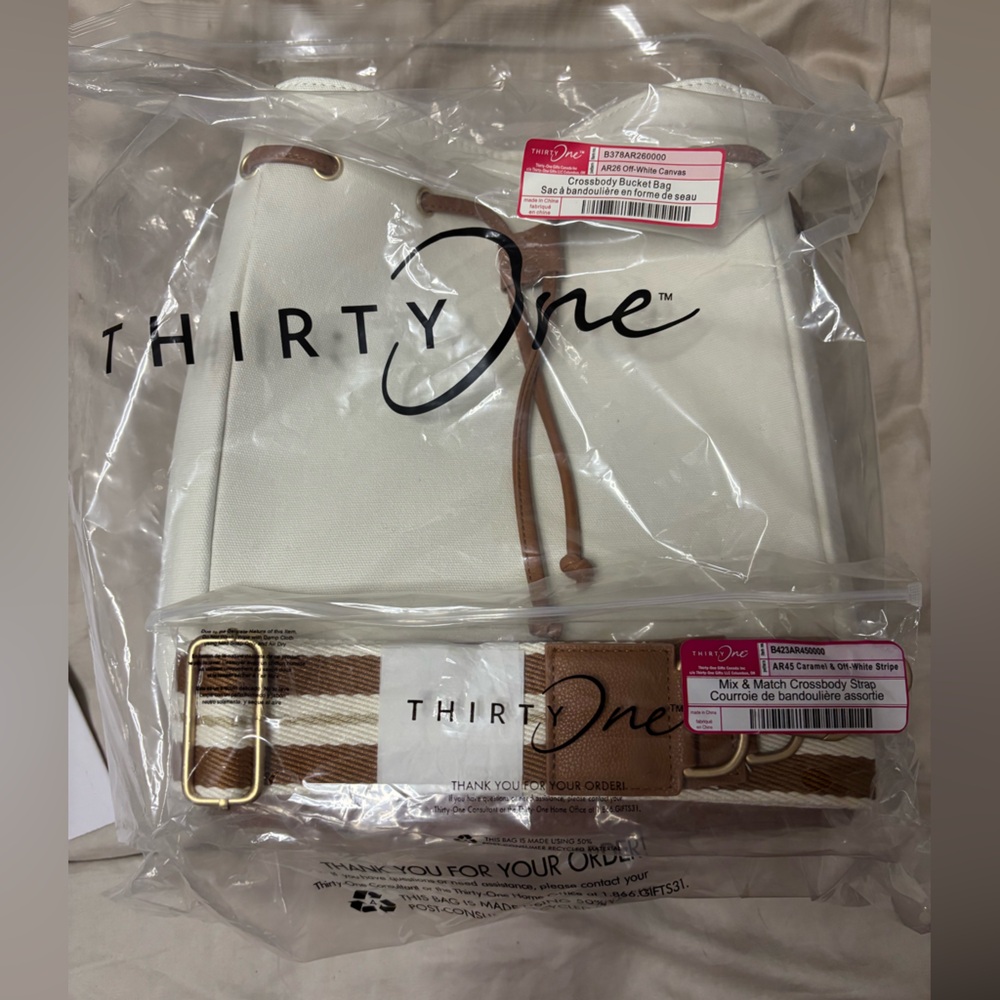Thirty One Off White Canvas Crossbody Bucket Bag